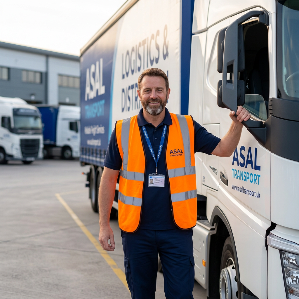ASAL Transport driver in high-visibility clothing beside an HGV
