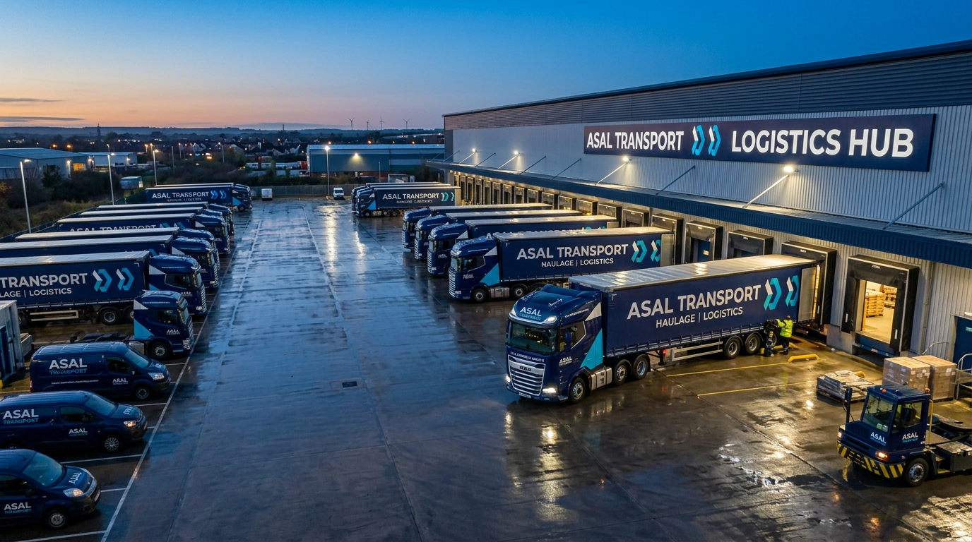 ASAL Transport vehicles at a logistics hub at dusk