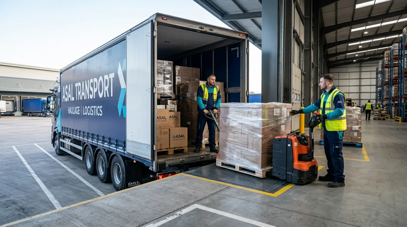 Palletised freight being loaded into an ASAL Transport trailer at a warehouse dock