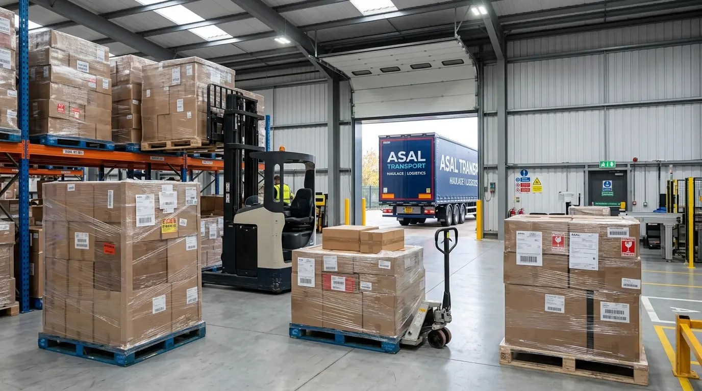 Palletised freight in a warehouse with an ASAL Transport trailer at the loading door