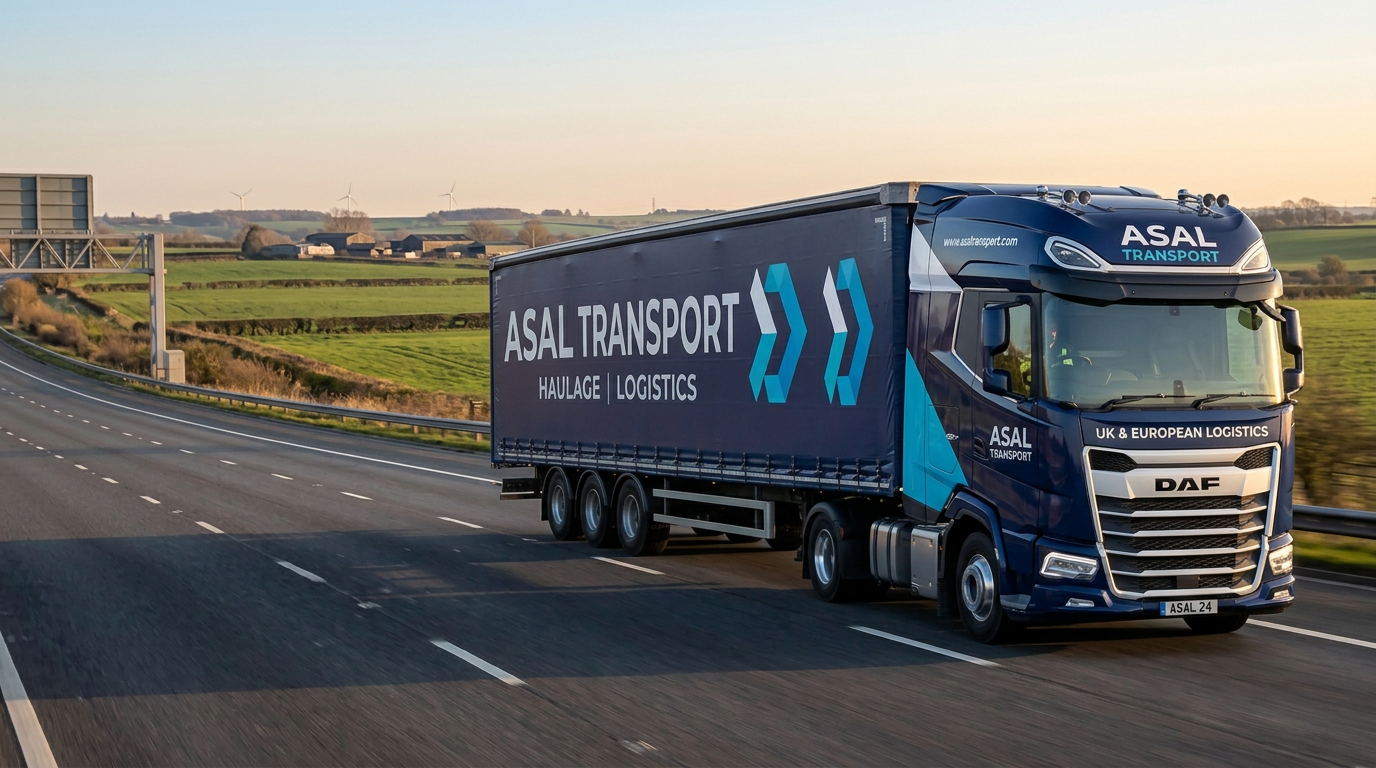 ASAL Transport DAF HGV on a UK motorway at sunrise